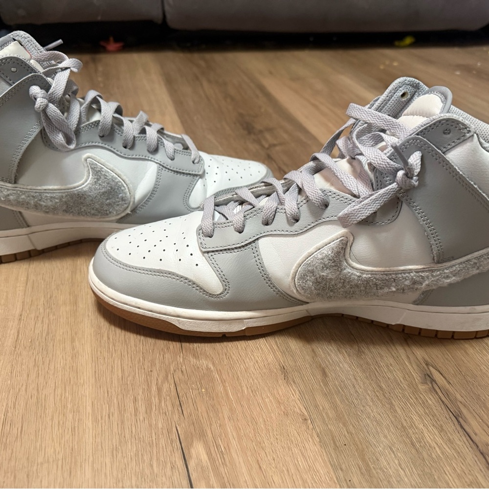 Nike Dunk High Light Grey and White with Shearling Swoosh